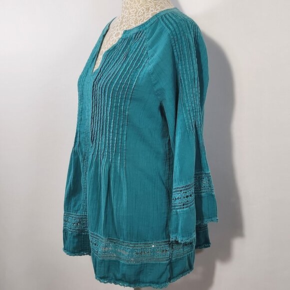 Sundance Women's Size XS Teal Crochet Lace 3/4 Sleeve V-Neck Peasant Top Boho - Picture 5 of 11